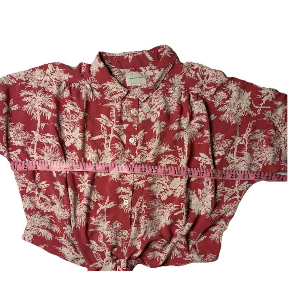 American Eagle Women’s XL Pink Tan Hawaiian Button Down Boxy Crop Top Front Tie - Picture 3 of 7